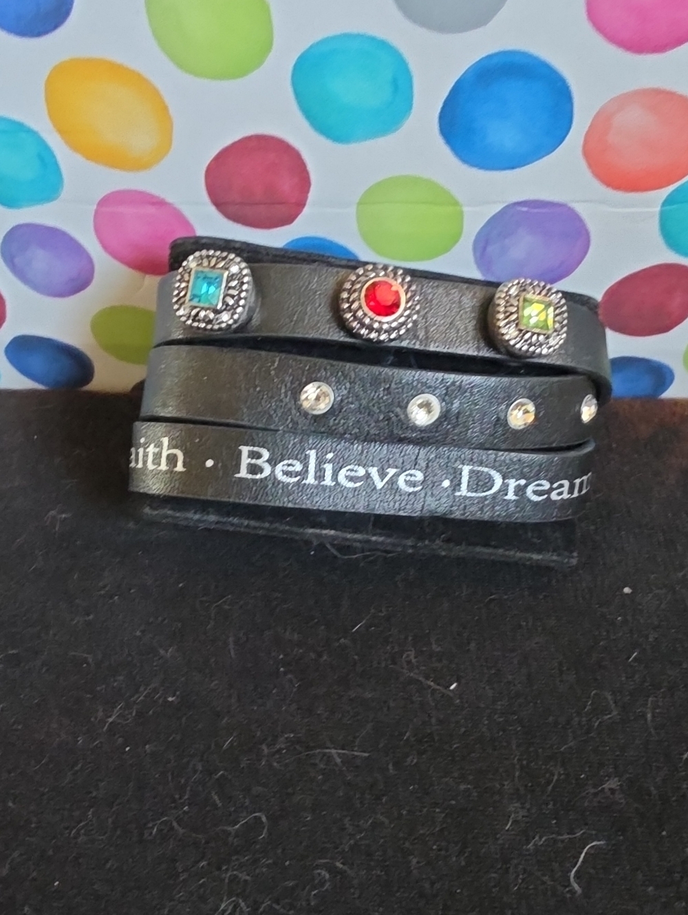 STYLE DOTS Believe Dream Faith Black Wrap Bracelet with Colored Gem Snap Accents